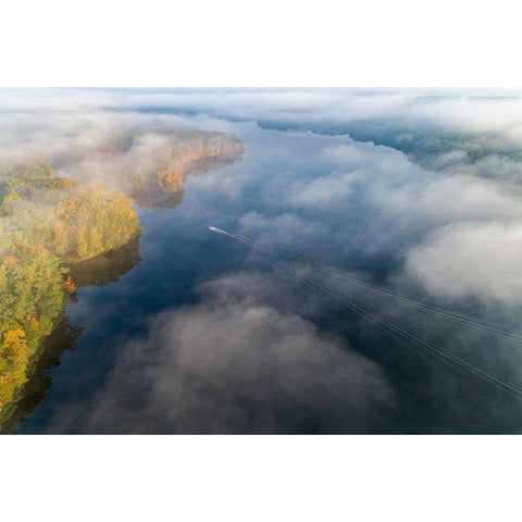 Boat on lake in fog in fall at Stephen A Forbes State Park-Marion County-Illinois Black Modern Wood Framed Art Print with Double Matting by Day, Richard and Susan