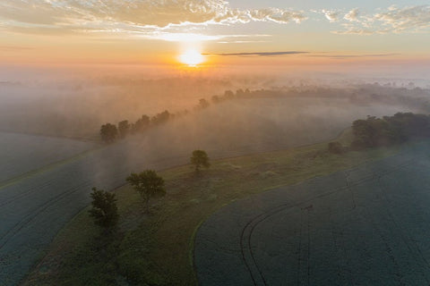 Sunrise and fog-Marion County-Illinois White Modern Wood Framed Art Print with Double Matting by Day, Richard and Susan