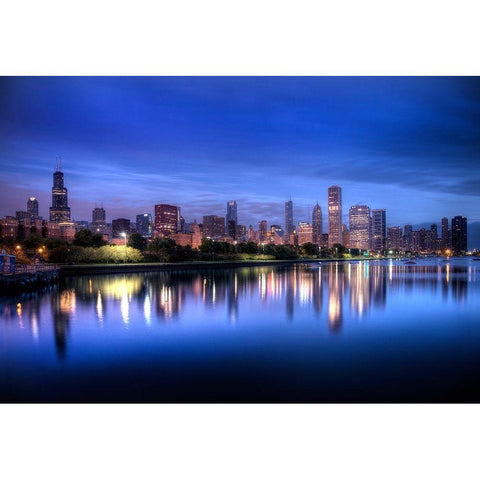 Chicago skyline reflects in lake Michigan during a blue sunrise Black Modern Wood Framed Art Print by SMO