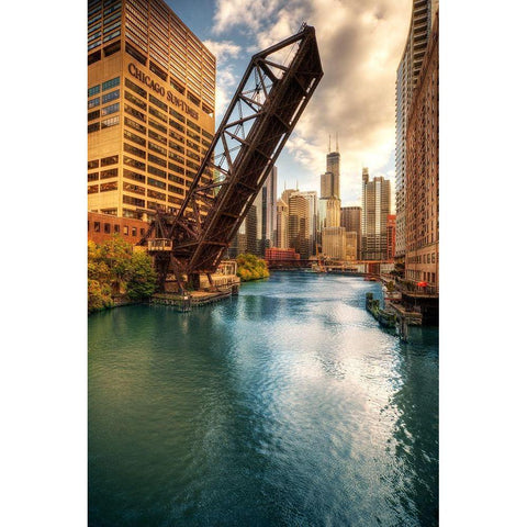 A drawbridge spans the Chicago river in Illinois White Modern Wood Framed Art Print by SMO