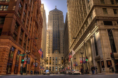 LaSalle street in downtown Chicago Illinois Black Ornate Wood Framed Art Print with Double Matting by SMO