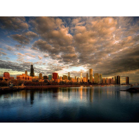 Chicago skyline shimmers at sunrise over lake Michigan Black Modern Wood Framed Art Print with Double Matting by SMO