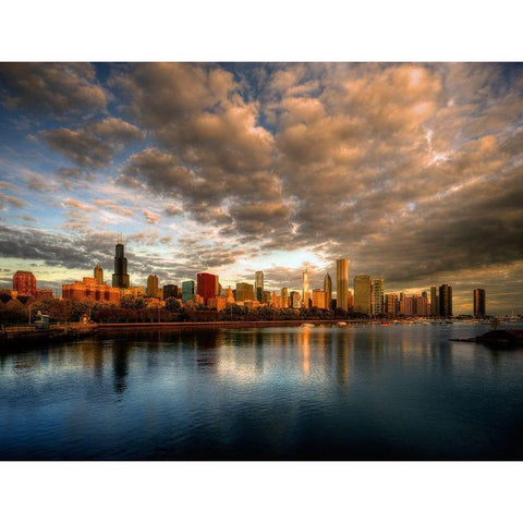 Chicago skyline shimmers at sunrise over lake Michigan Black Modern Wood Framed Art Print by SMO