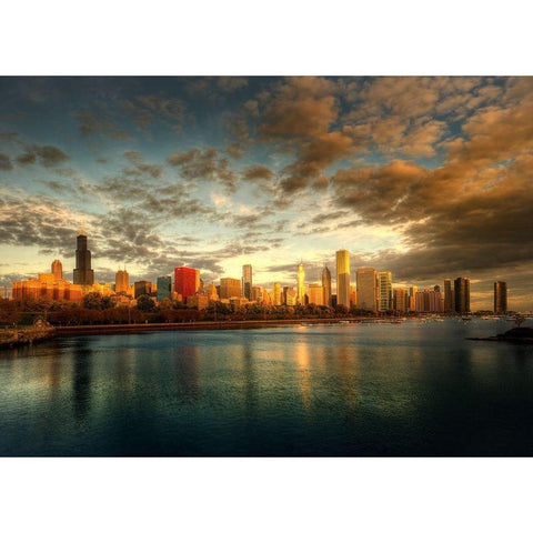 Chicago skyline over lake Michigan as sunrise enters a new day White Modern Wood Framed Art Print by SMO