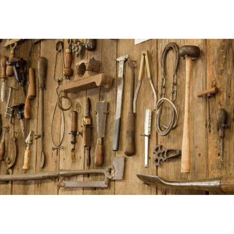 Tools on a wall, Indianapolis, Indiana, USA Black Modern Wood Framed Art Print by Kaveney, Wendy