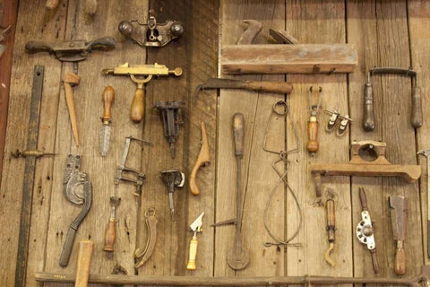 Indiana, Indianapolis Tools mounted on a wall Black Ornate Wood Framed Art Print with Double Matting by Kaveney, Wendy