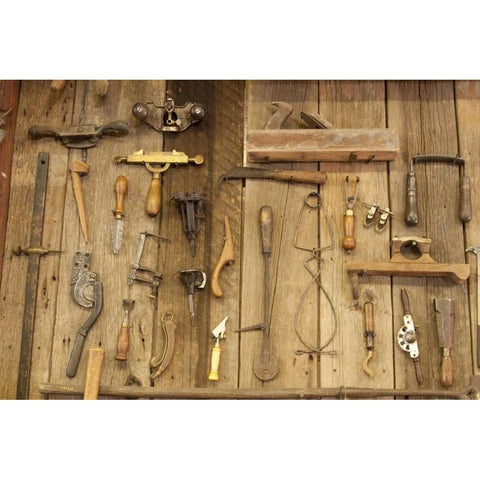 Indiana, Indianapolis Tools mounted on a wall Black Modern Wood Framed Art Print with Double Matting by Kaveney, Wendy