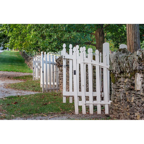 Gate and white wooden fence and rock wall-Shaker Village of Pleasant Hill-Harrodsburg-Kentucky White Modern Wood Framed Art Print by Jones, Adam