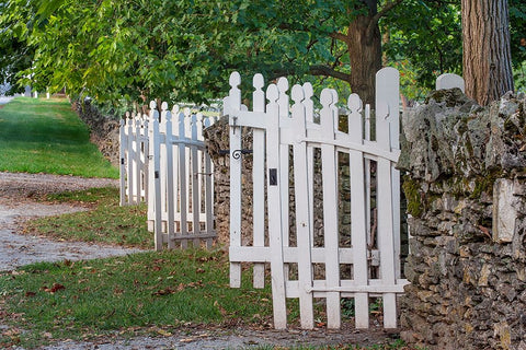 Gate and white wooden fence and rock wall-Shaker Village of Pleasant Hill-Harrodsburg-Kentucky Black Ornate Wood Framed Art Print with Double Matting by Jones, Adam