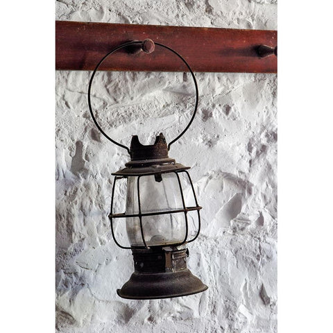 Antique lantern hanging on white wall-Shaker Village of Pleasant Hill-Harrodsburg-Kentucky White Modern Wood Framed Art Print by Jones, Adam