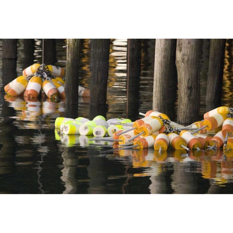Maine Buoys floating next to a fishing pier Gold Ornate Wood Framed Art Print with Double Matting by Clemons, Kathleen