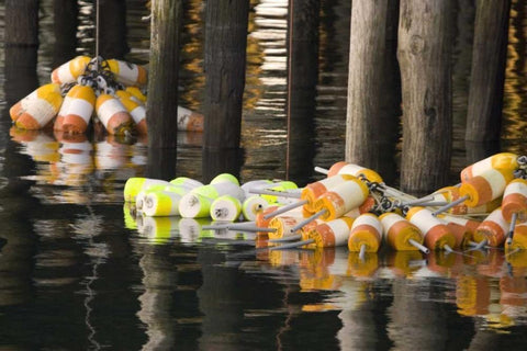 Maine Buoys floating next to a fishing pier White Modern Wood Framed Art Print with Double Matting by Clemons, Kathleen