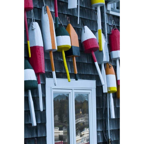 ME, Bernard Buoys hang on wall by harbor White Modern Wood Framed Art Print by Rotenberg, Nancy