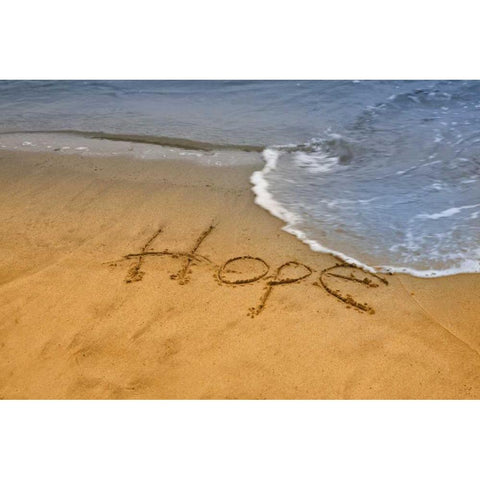 ME, Phippsburg The word hope on Popham Beach White Modern Wood Framed Art Print by Clemons, Kathleen