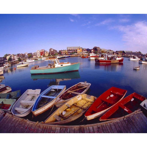 ME, Rockport Town buildings and boats in bay Black Modern Wood Framed Art Print with Double Matting by Zuckerman, Jim