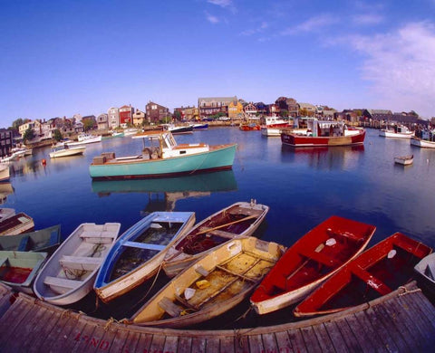 ME, Rockport Town buildings and boats in bay Black Ornate Wood Framed Art Print with Double Matting by Zuckerman, Jim