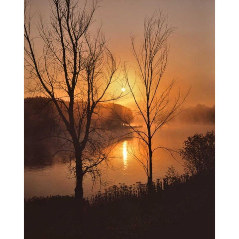 Maine Autumn sunrise over the Kennebec River Gold Ornate Wood Framed Art Print with Double Matting by Terrill, Steve