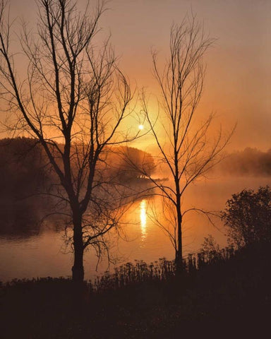 Maine Autumn sunrise over the Kennebec River Black Ornate Wood Framed Art Print with Double Matting by Terrill, Steve