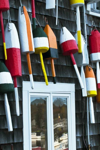 ME, Mount Desert Hanging buoys and window Black Ornate Wood Framed Art Print with Double Matting by Rotenberg, Nancy