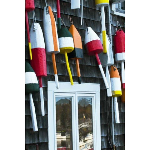 ME, Mount Desert Hanging buoys and window Black Modern Wood Framed Art Print by Rotenberg, Nancy