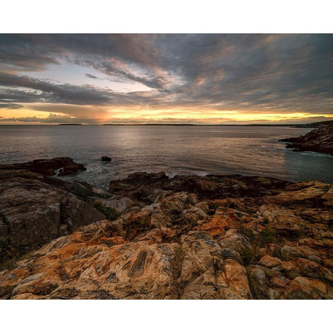 USA-Maine-Acadia National Park Moody sunset on ocean coastline White Modern Wood Framed Art Print by Jaynes Gallery