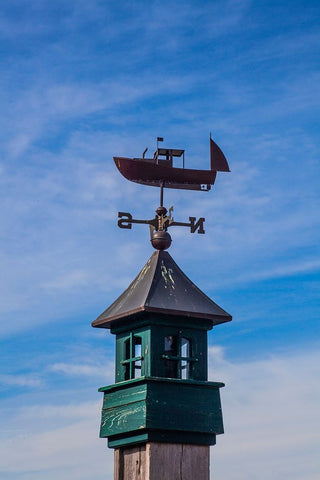 USA-New England-Maine-Mt-Desert Island weather vane topped with a fishing boat White Modern Wood Framed Art Print with Double Matting by Gulin, Sylvia