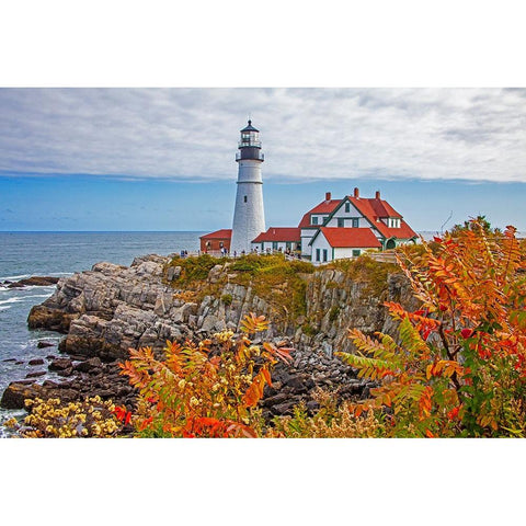 USA-New England-Maine-Cape Elizabeth-Atlantic Portland Head Lighthouse during the Fall season White Modern Wood Framed Art Print by Gulin, Sylvia
