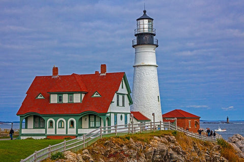 USA-New England-Maine-Cape Elizabeth-Atlantic Portland Head Lighthouse during the Fall season White Modern Wood Framed Art Print with Double Matting by Gulin, Sylvia