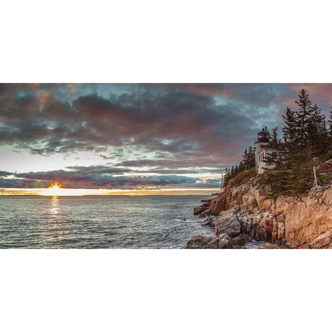 Maine-Mt Desert Island-Acadia National Park-Bass Harbor-Bass Harbor Head Lighthouse-autumn-dusk White Modern Wood Framed Art Print by Bibikow, Walter