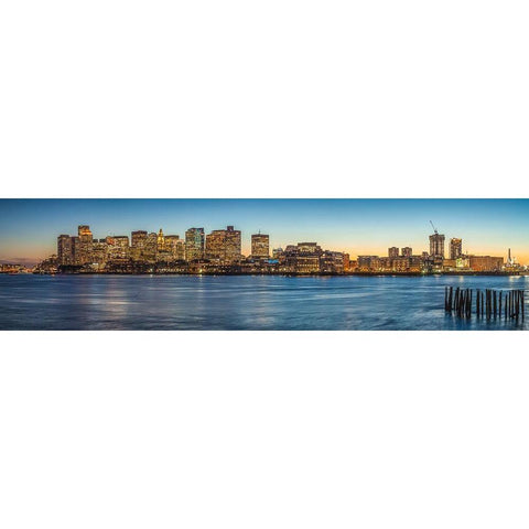 New England-Massachusetts-Boston-city skyline from Boston Harbor-dusk Black Modern Wood Framed Art Print by Bibikow, Walter