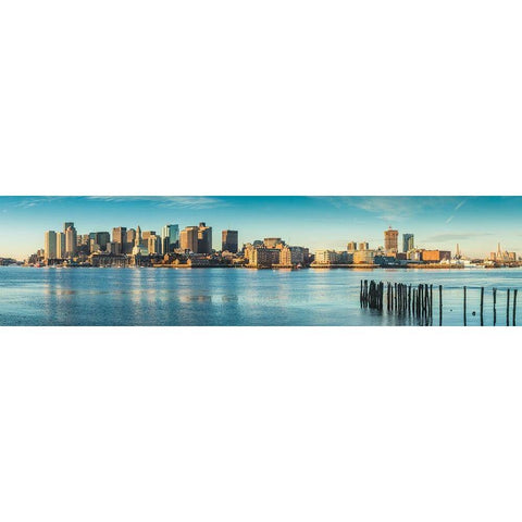 New England-Massachusetts-Boston-city skyline from Boston Harbor-dawn Gold Ornate Wood Framed Art Print with Double Matting by Bibikow, Walter