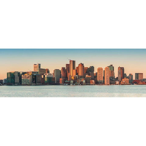 New England-Massachusetts-Boston-city skyline from Boston Harbor-dawn Black Modern Wood Framed Art Print by Bibikow, Walter