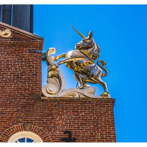Silver British Unicorn Faneuil Meeting Hall-Freedom Trail-Boston-Massachusetts-Meeting place Americ Black Modern Wood Framed Art Print by Perry, William