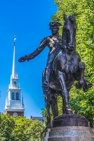 Paul Revere Statue-Old North Church-Freedom Trail-Boston-Massachusetts-Church in 1775 put up lanter Black Ornate Wood Framed Art Print with Double Matting by Perry, William