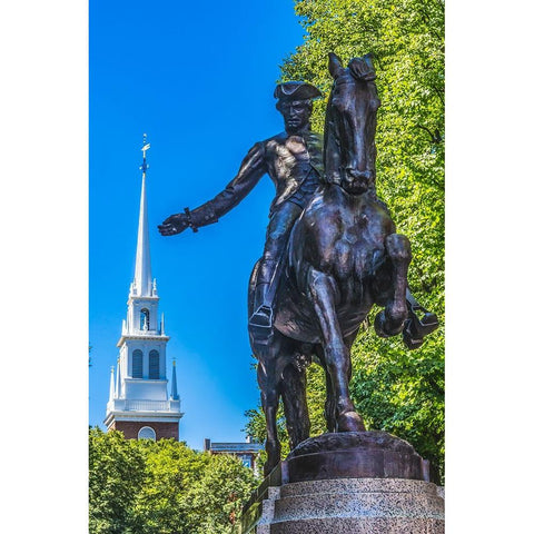 Paul Revere Statue-Old North Church-Freedom Trail-Boston-Massachusetts-Church in 1775 put up lanter Black Modern Wood Framed Art Print by Perry, William