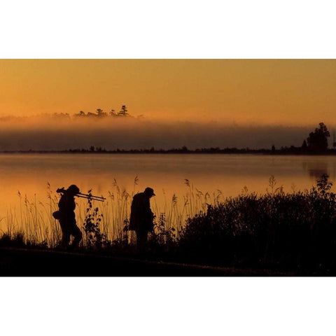 MI, People along Potagannissing Bay at sunrise White Modern Wood Framed Art Print by Carlson, Mark