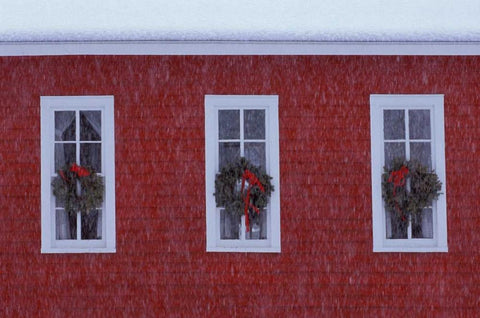 MI, Three Christmas wreathes in schoolhouse White Modern Wood Framed Art Print with Double Matting by Carlson, Mark