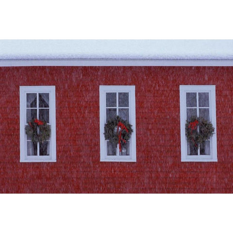 MI, Three Christmas wreathes in schoolhouse Gold Ornate Wood Framed Art Print with Double Matting by Carlson, Mark