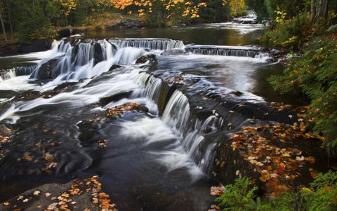 Michigan Bond Falls and fall foliage White Modern Wood Framed Art Print with Double Matting by Rotenberg, Nancy