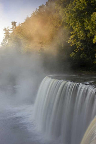 Michigan Autumn sunrise on Tahquamenon Falls White Modern Wood Framed Art Print with Double Matting by Grall, Don