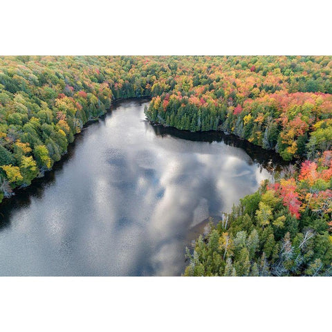 Aerial view of Hugoboom Lake in fall color-Alger County-Michigan Black Modern Wood Framed Art Print with Double Matting by Day, Richard and Susan