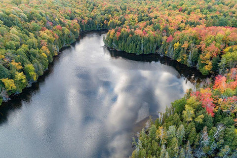 Aerial view of Hugoboom Lake in fall color-Alger County-Michigan White Modern Wood Framed Art Print with Double Matting by Day, Richard and Susan