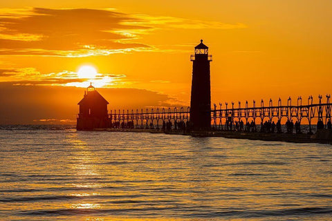 Grand Haven Lighthouse at sunset on Lake Michigan-Grand Haven-Michigan Black Ornate Wood Framed Art Print with Double Matting by Day, Richard and Susan