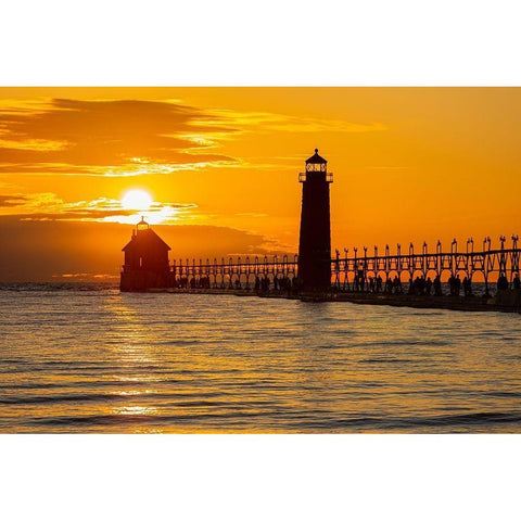 Grand Haven Lighthouse at sunset on Lake Michigan-Grand Haven-Michigan Black Modern Wood Framed Art Print with Double Matting by Day, Richard and Susan