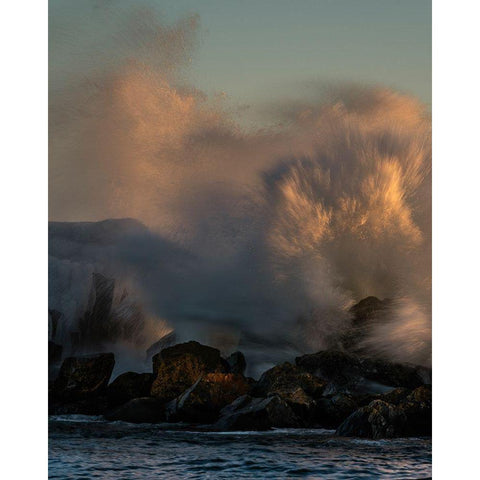 Minnesota-Lake Superior Lake waves breaking on rocks at sunset  Black Modern Wood Framed Art Print by Jaynes Gallery