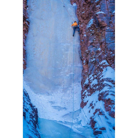 Minnesota-Lake Superior Climber scaling frozen waterfall on cliff  Black Modern Wood Framed Art Print by Jaynes Gallery