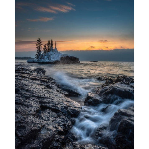 Minnesota-Lake Superior Lake waves and rocks at sunrise  Gold Ornate Wood Framed Art Print with Double Matting by Jaynes Gallery
