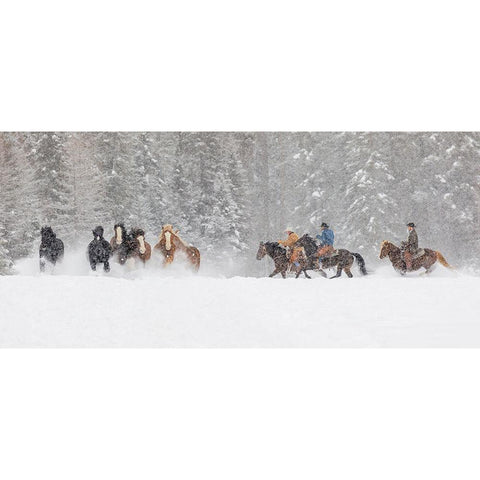 Panoramic view of cowboys during winter roundup-Kalispell-Montana White Modern Wood Framed Art Print by Jones, Adam