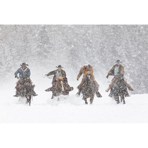 Cowboys during winter roundup-Kalispell-Montana White Modern Wood Framed Art Print by Jones, Adam