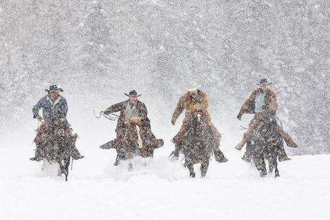 Cowboys during winter roundup-Kalispell-Montana Black Ornate Wood Framed Art Print with Double Matting by Jones, Adam